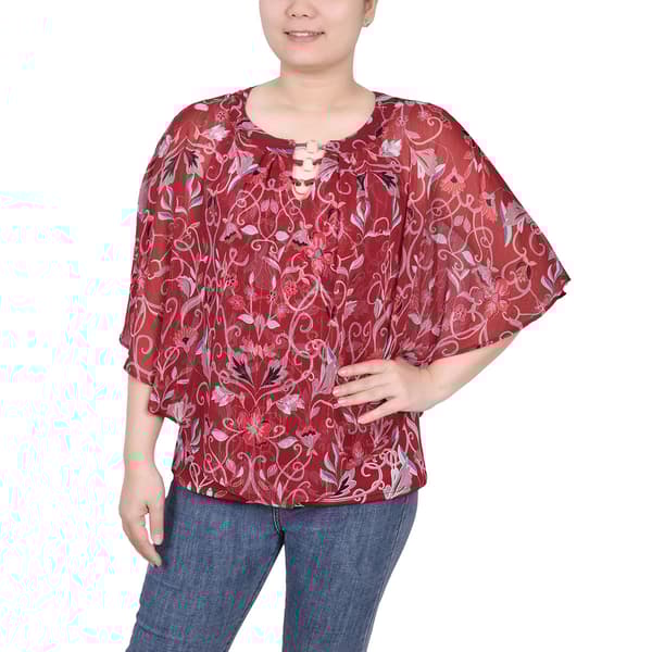 Womens NY Collection Elbow Sleeve Blur Floral Blouse - Red - image 