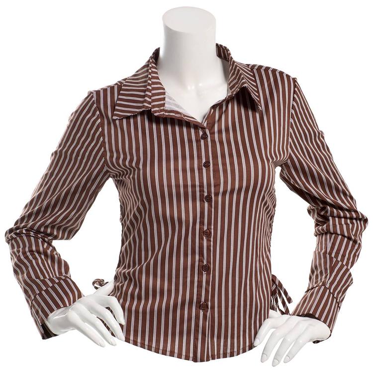 Juniors No Comment Long Sleeve Stripe Button Front Top - Brown