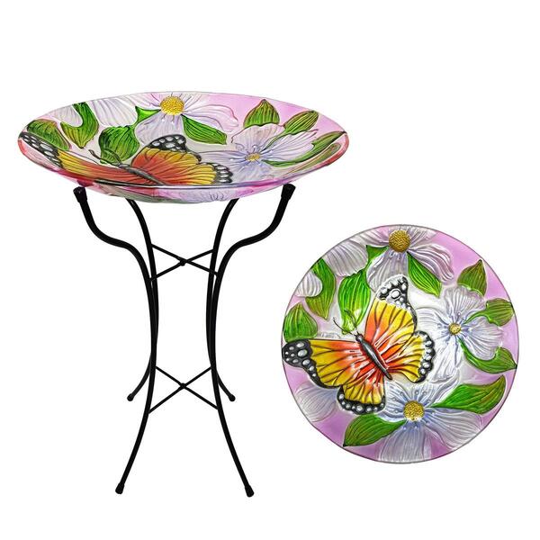 Alpine 18in. Flowers & Butterfly Glass Birdbath w/ Metal Stand - image 