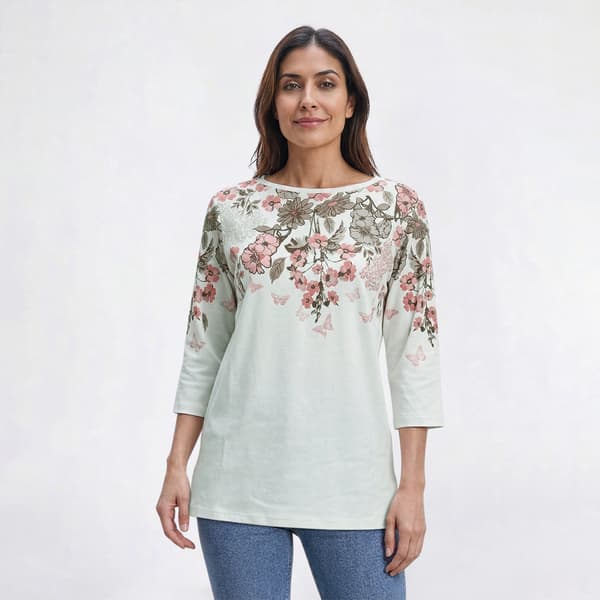 Womens Hasting & Smith 3/4 Sleeve Floral Bodice Yoke Tee