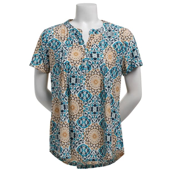 Womens Notations Short Sleeve Textured Medallion Pleated Blouse - image 