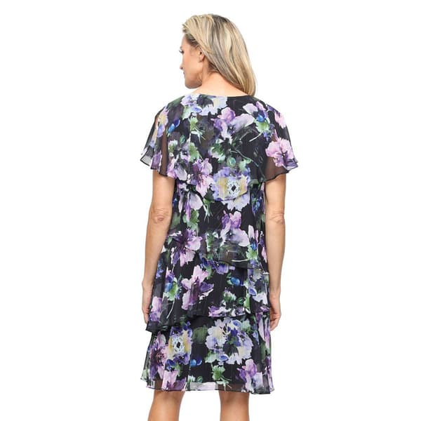 Womens SLNY Short Sleeve Floral Tier Chiffon A-Line Dress