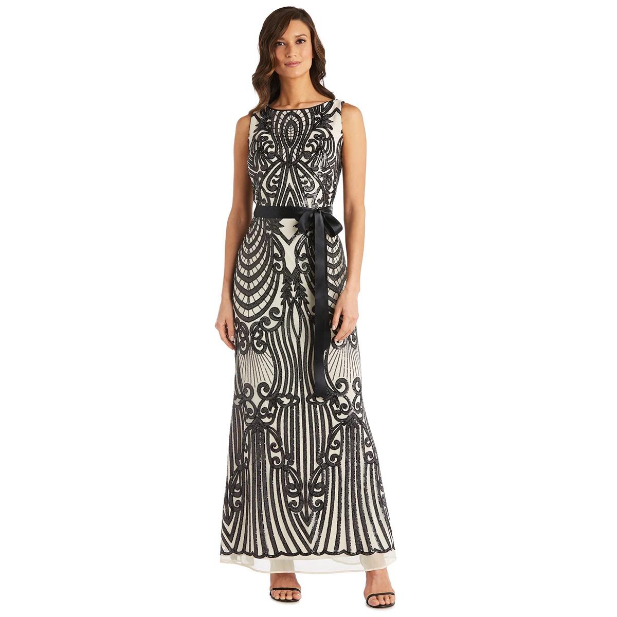 Womens R&M Richards Maxi Embellished Sequin Gown w/ Sash