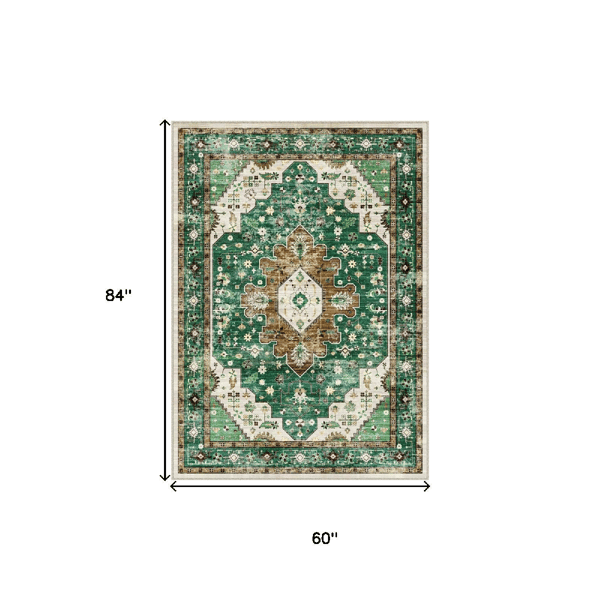 HomeRoots Green Brown & Ivory Medallion Distressed Area Rug