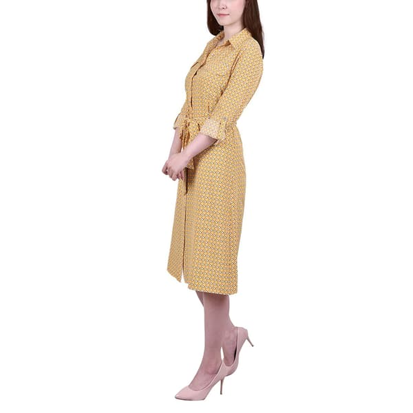 Womens NY Collection 3/4 Roll Tab Sleeve Yellow Shirtdress