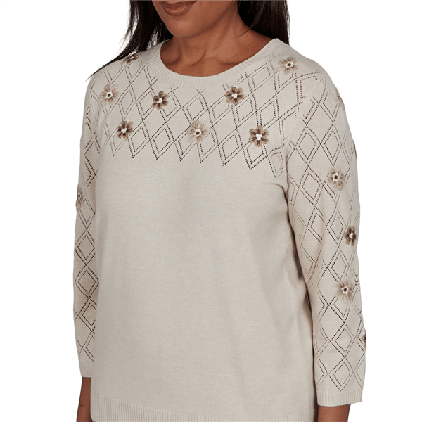 Petite Alfred Dunner Regent Street Floral Pointelle Sweater
