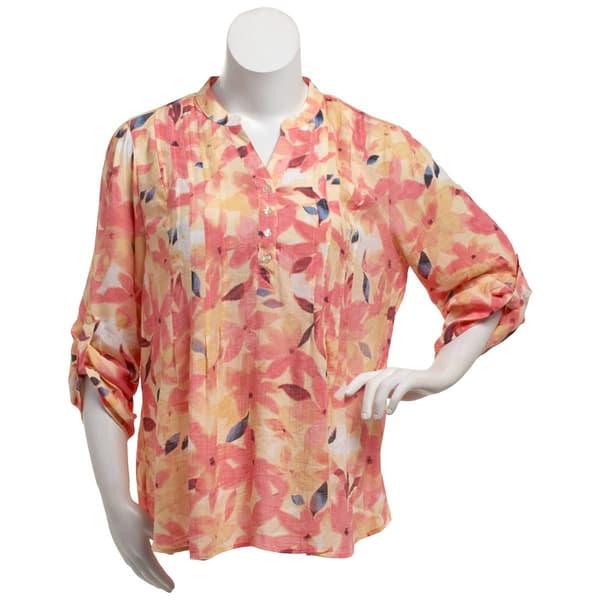 Plus Size Zac & Rachel 3/4 Sleeve Pleated Floral Blouse
