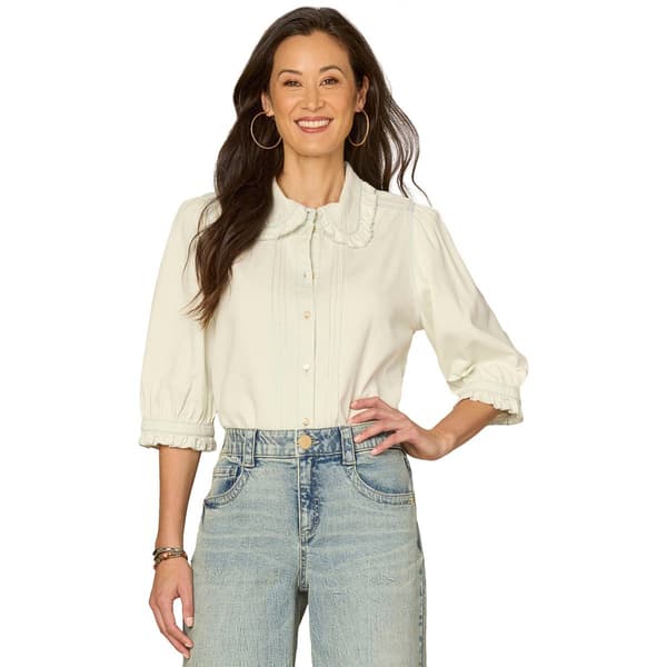 Womens Democracy 3/4 Sleeve Ruffle Edge Button Down Blouse - image 