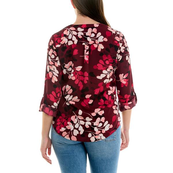 Womens Zac & Rachel Long Roll Tab Sleeve Leaf Blouse