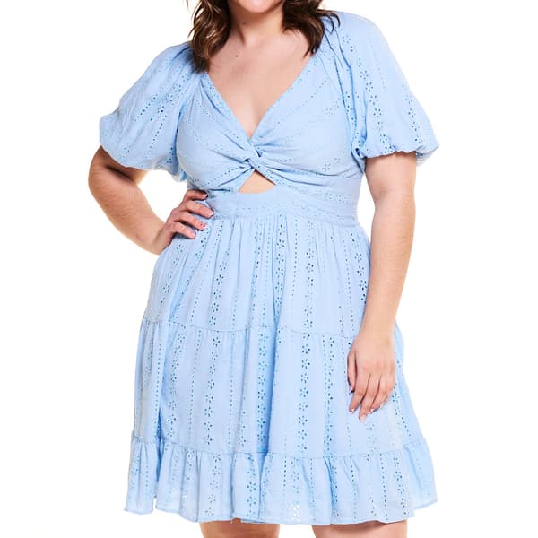 Juniors Plus Angie Twist Front Eyelet Puff Sleeve  A-Line Dress