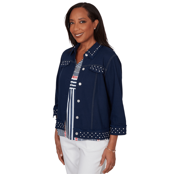 Petite Alfred Dunner Port Side Pearl Trim Denim Jacket
