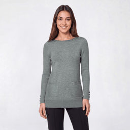 Womens Retrology Long Sleeve Ribbed Sleeve Solid 2 Pocket Sweater