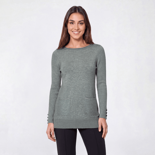 Womens Retrology Long Sleeve Ribbed Sleeve Solid 2 Pocket Sweater