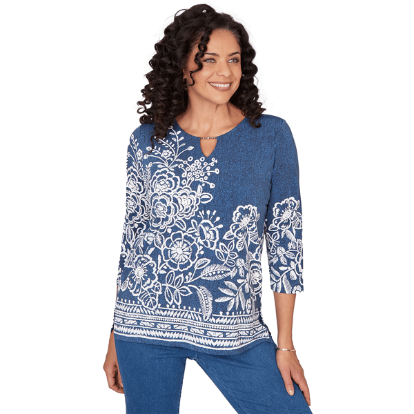 Petite Alfred Dunner Classics 3/4 Sleeve Keyhole Floral Blouse - image 
