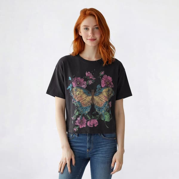 Juniors Attitude Not Included Butterfly Distressed Cropped Tee - image 