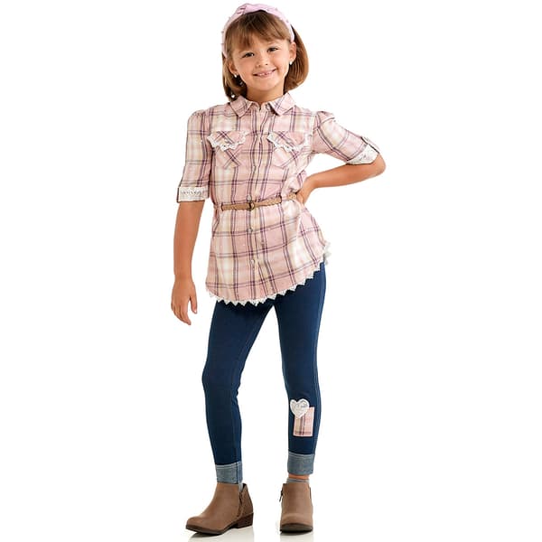 Girls (4-6x) Little Lass&#174; Plaid Disco Dot Belted Top & Leggings