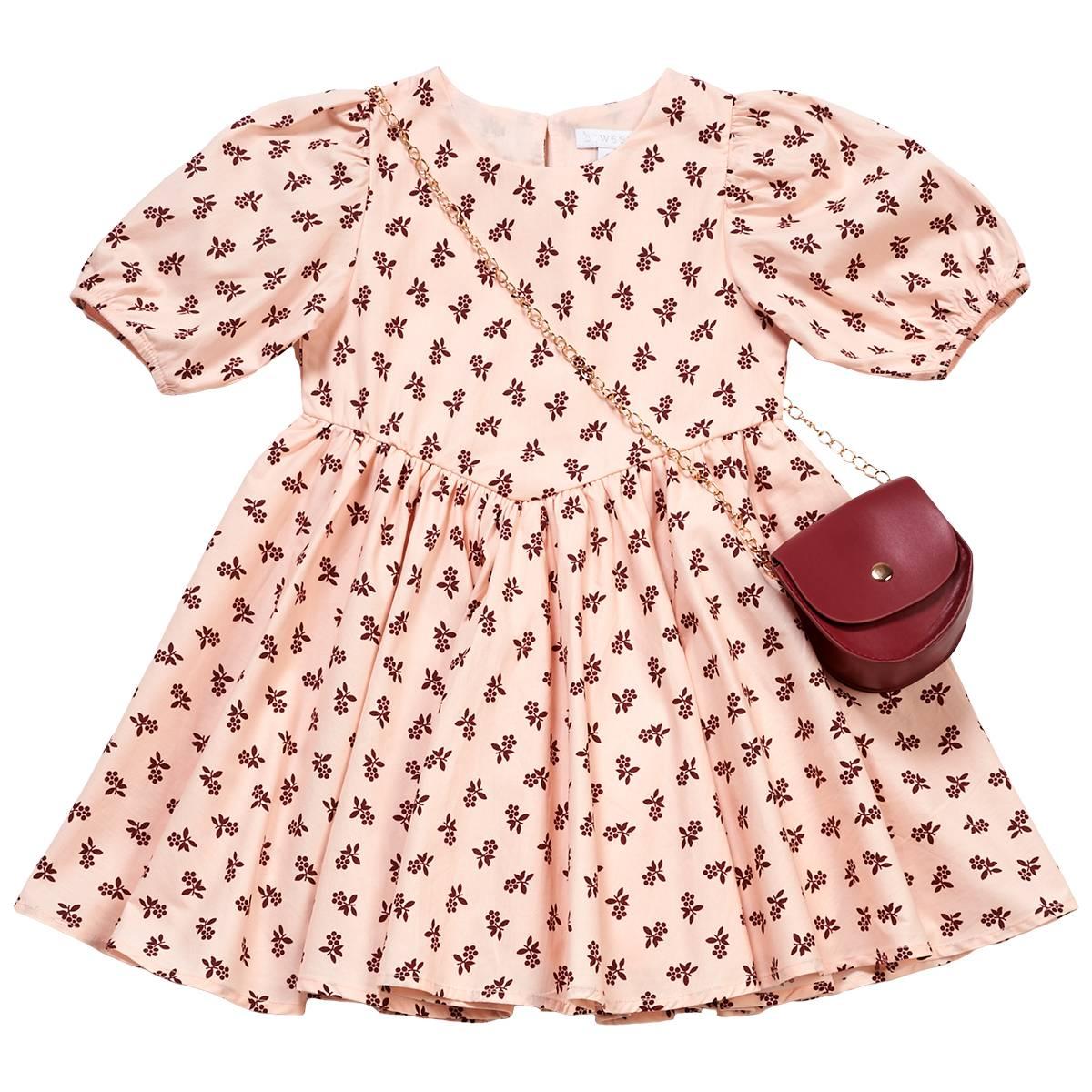 Girls (4-6x) BTween(R) Puff Sleeve Flower Poplin Dress w/ Purse
