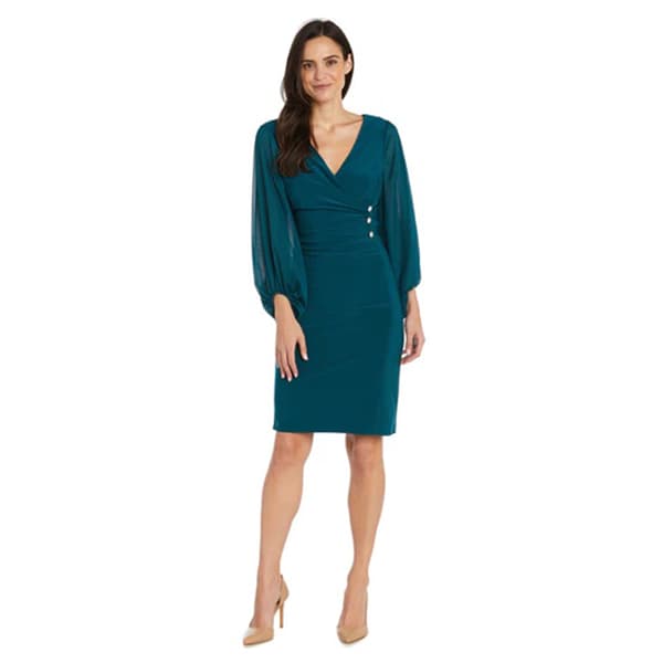 Womens R&M Richards Blouson Sleeve Rhinestone Button ITY Dress