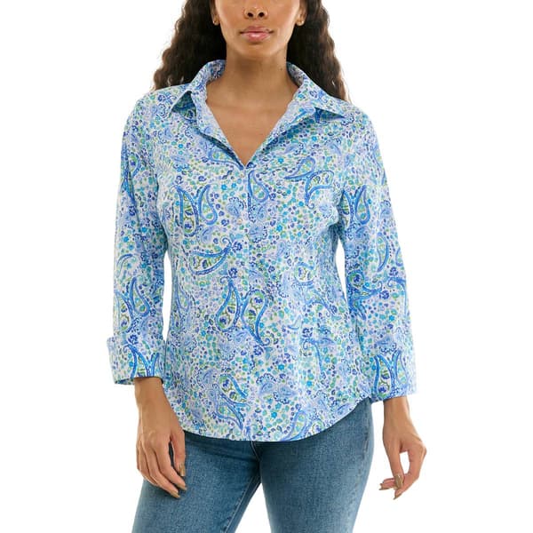 Womens Zac & Rachel 3/4 Sleeve Paisley Casual Button Down