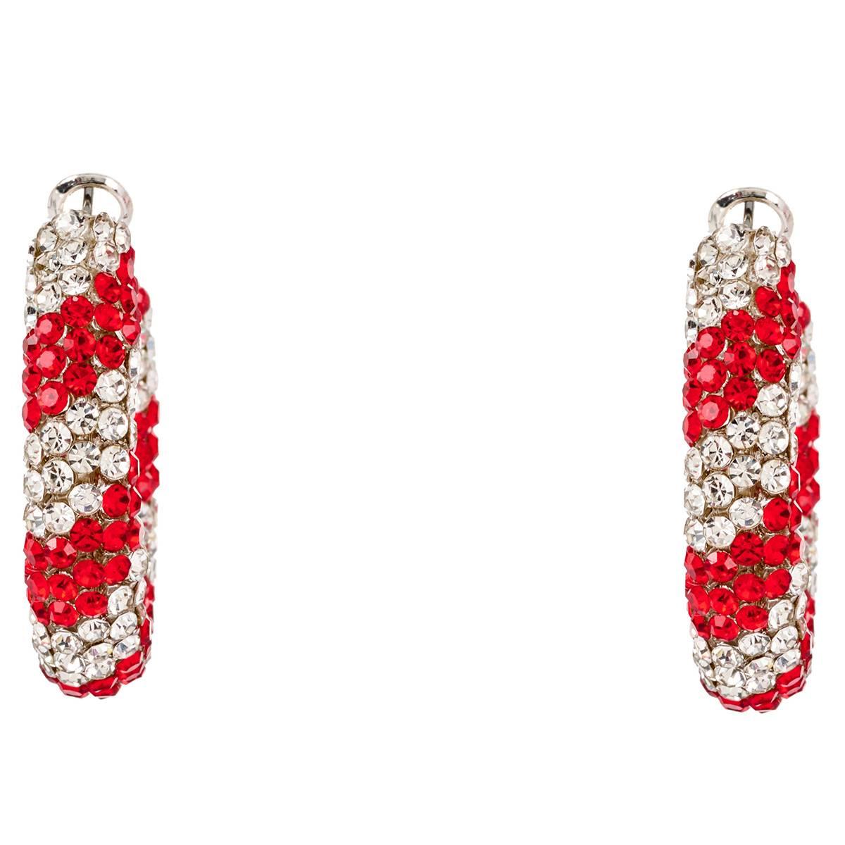 Silver & Red Stripe Glitz Hoop Earrings
