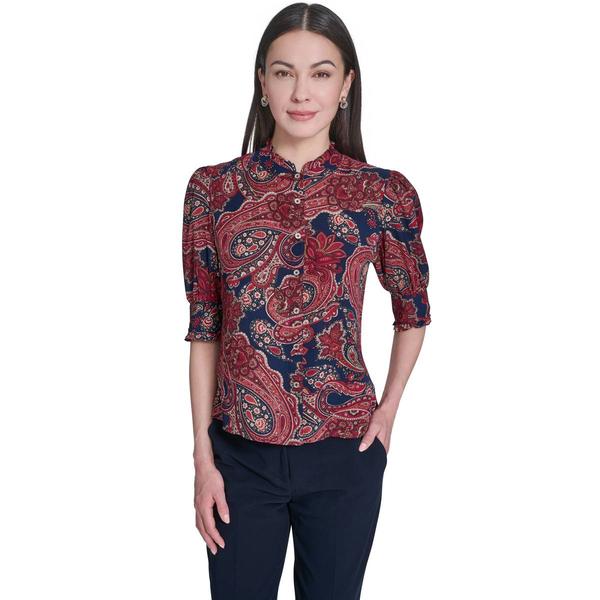 Womens Tommy Hilfiger Short Puff Ruffle Sleeve Floral Button Fro