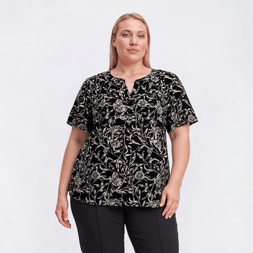 Plus Size Napa Valley Short Sleeve Leaf Split Neck Henley Blouse - image 