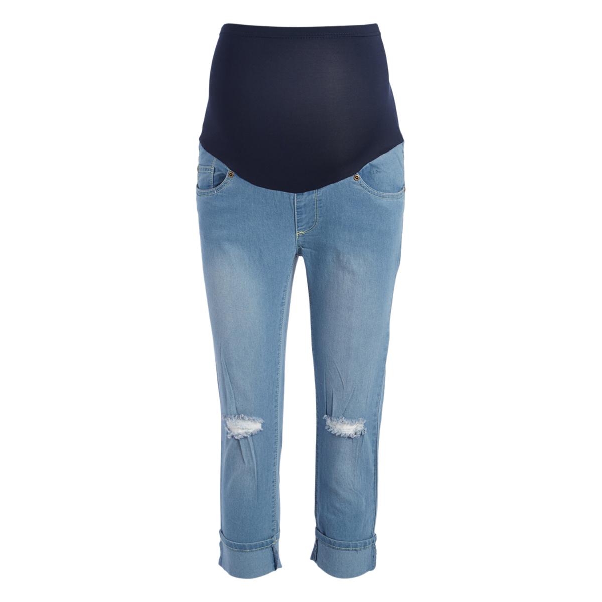 Womens Times Two Over The Belly Ripped Knee Maternity Capris