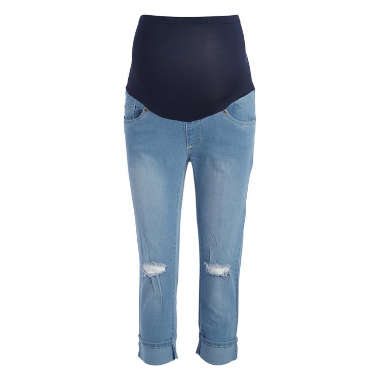 Womens Times Two Over The Belly Ripped Knee Maternity Capris