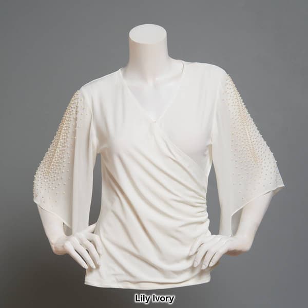 Womens MSK Chiffon Pearl Trim Cold Shoulder Elbow Sleeve Blouse