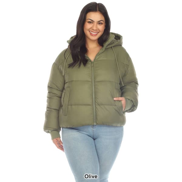 Plus Size White Mark Zip Hooded Bomber Puffer Coat