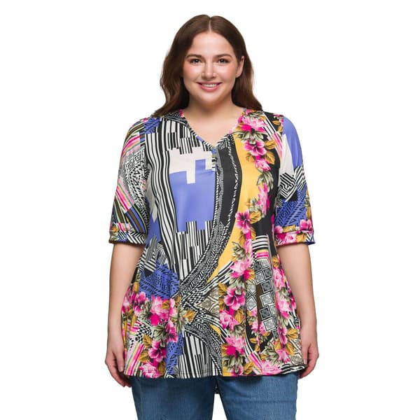 Plus Size 24/7 Comfort Apparel Multicolor Floral Henley Tunic Top - image 