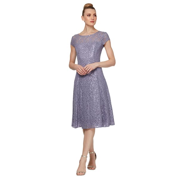 Womens SLNY Cap Sleeve Sequin Lace Tea Length Midi Dress