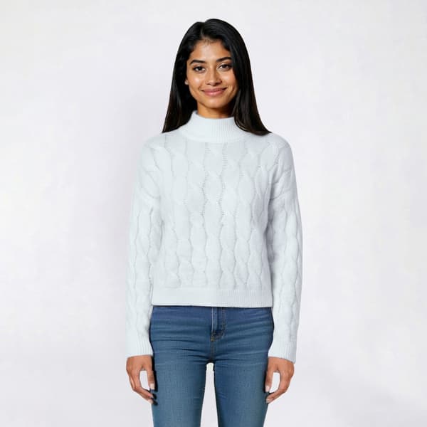 Juniors Pink Rose Fuzzy Feather Mock Neck Cable Knit Sweater