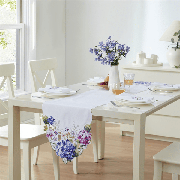 Threadmade Spring Hydrangea Floral Cutwork Table Runner