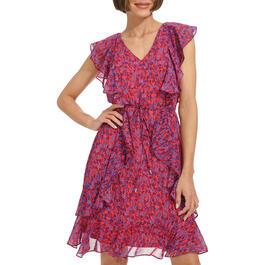 Womens Tommy Hilfiger Sleeveless Print Chiffon Ruffle Trim Dress