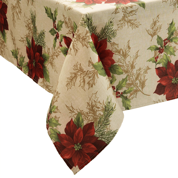 Threadmade Festive Poinsettia Holiday Fabric Tablecloth - image 