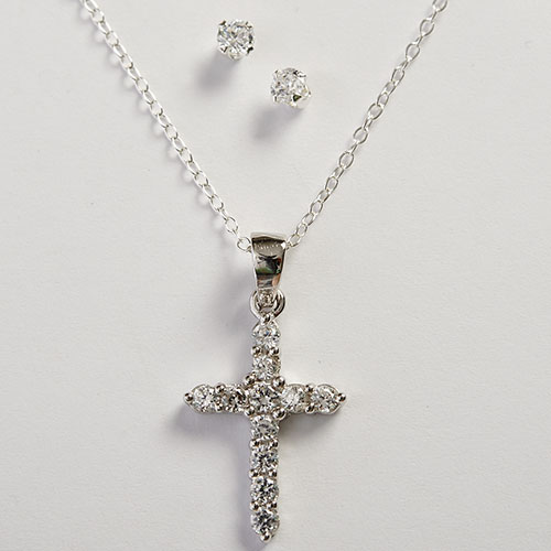 Kids Sterling Silver Cubic Zirconia Cross Necklace Set