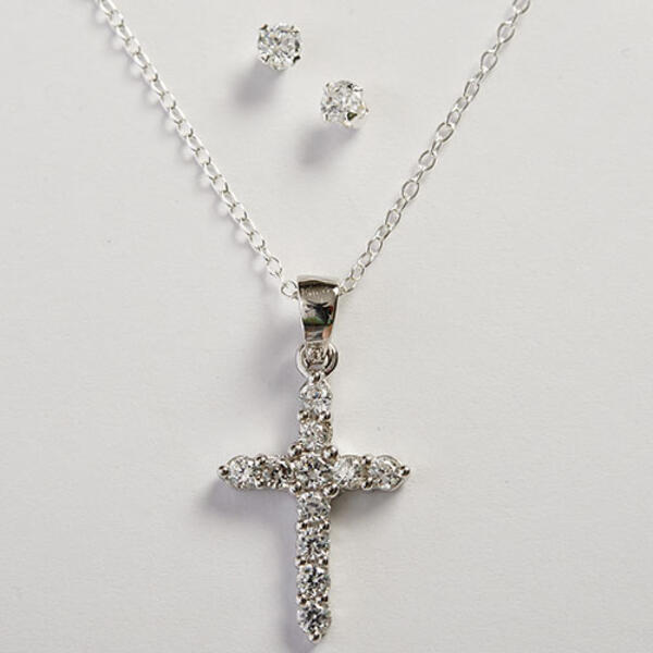 Kids Sterling Silver Cubic Zirconia Cross Necklace Set - image 
