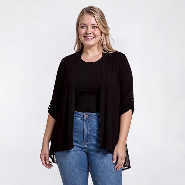 Plus Size Cure Roll Tab Sleeve Floral Chiffon Back Cardigan - image 