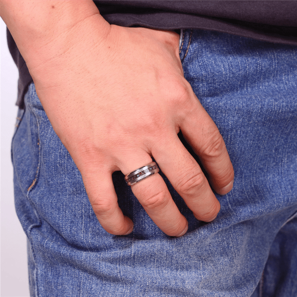 Mens Lynx Stainless Steel Ring with Crushed Titanium Stripe Inlay