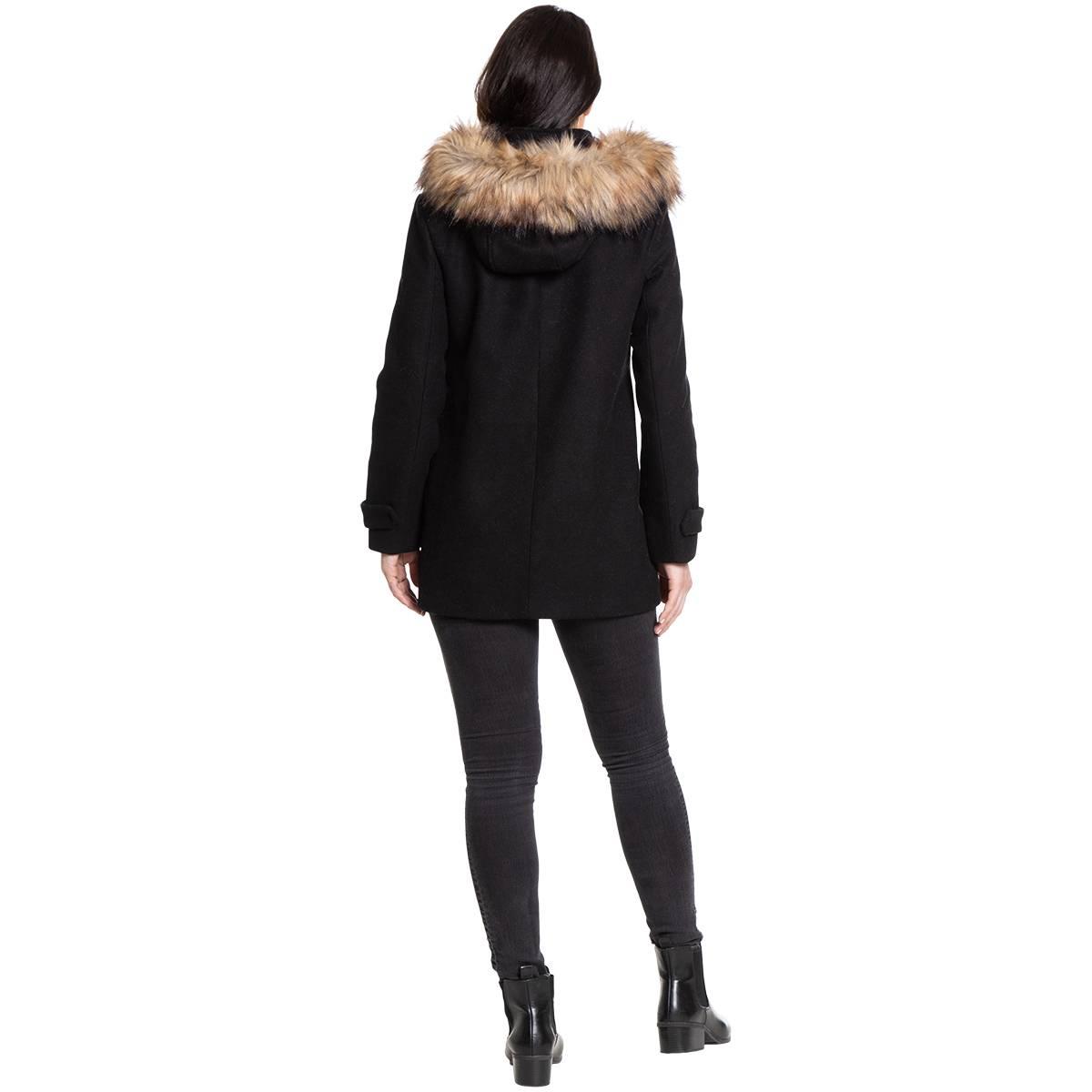 Plus Size Nine West Hooded Wool Blend Toggle Coat w/Faux Fur Trim