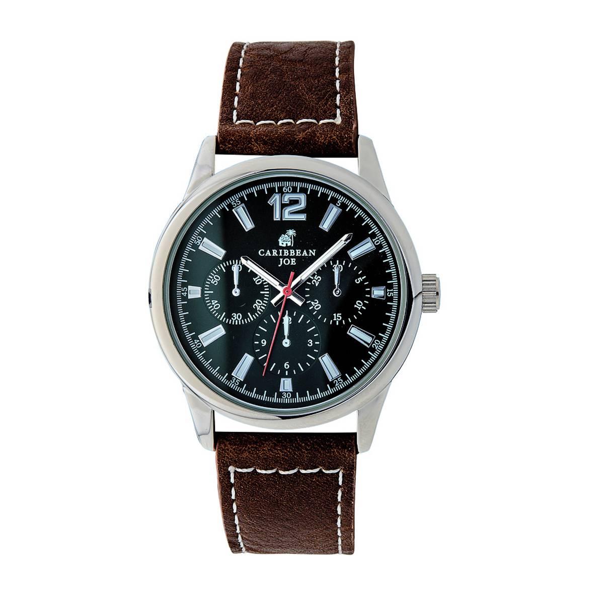 Mens Caribbean Joe Silver-Tone Brown Strap Watch - CJ7040SLG