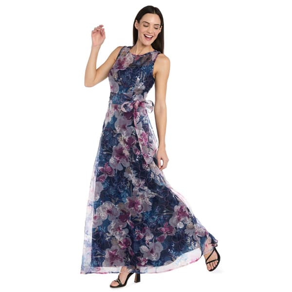 Womens R&M Richards Sleeveless Floral Tie Waist Evening Gown