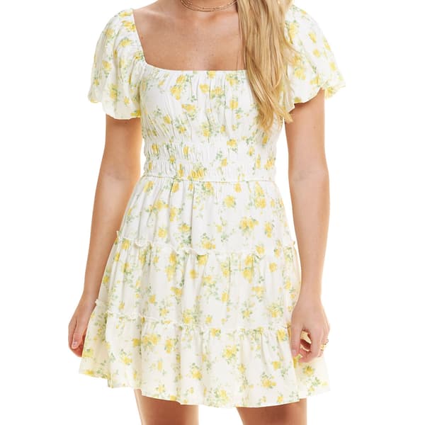 Juniors Trixxi Puff Sleeve Emma Tier Floral A-Line Dress