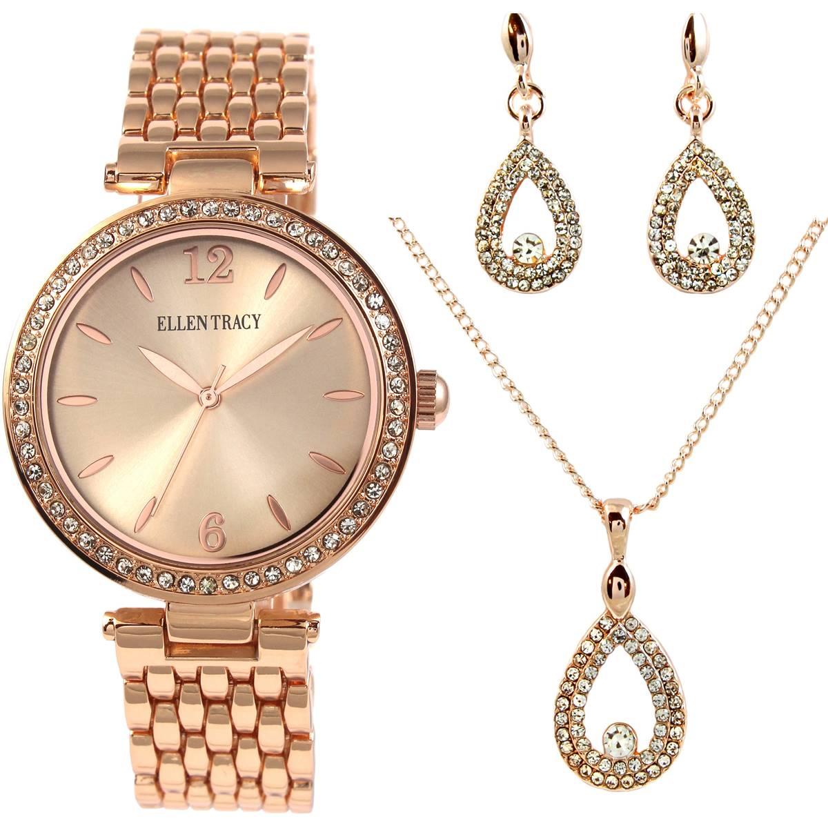 Womens Ellen Tracy Rose Gold Watch Pendant & Earring Set