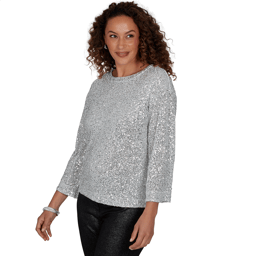 Petite Skye’s the Limit Icy Blue Sparkle Allover Sequin Blouse