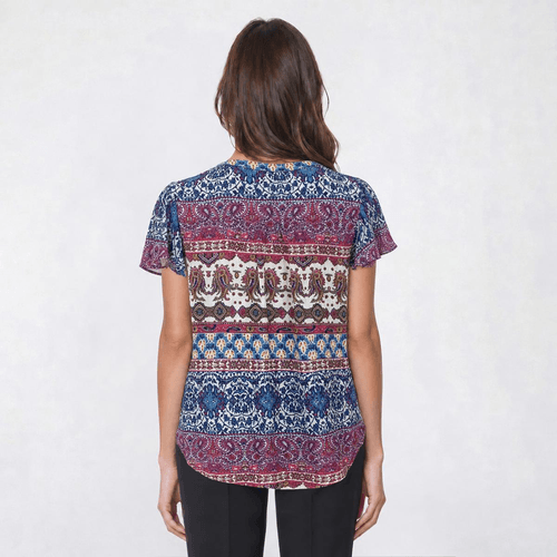 Womens OneWorld Flutter Sleeve Paisley Tie Tassel Blouse