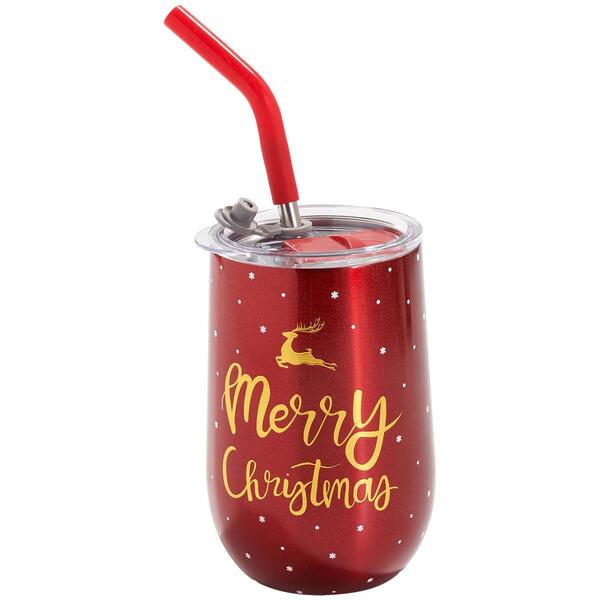 14oz. Merry Xmas Red Deer Stemless Wine Glass - image 