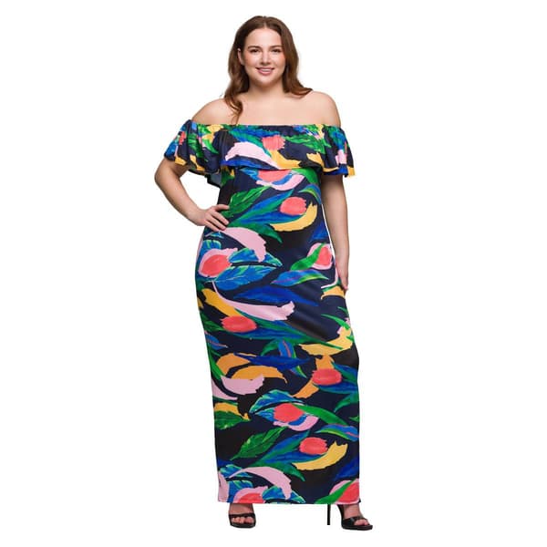 Plus Size 24/7 Comfort Apparel Off Shoulder Multicolor Maxi Dress