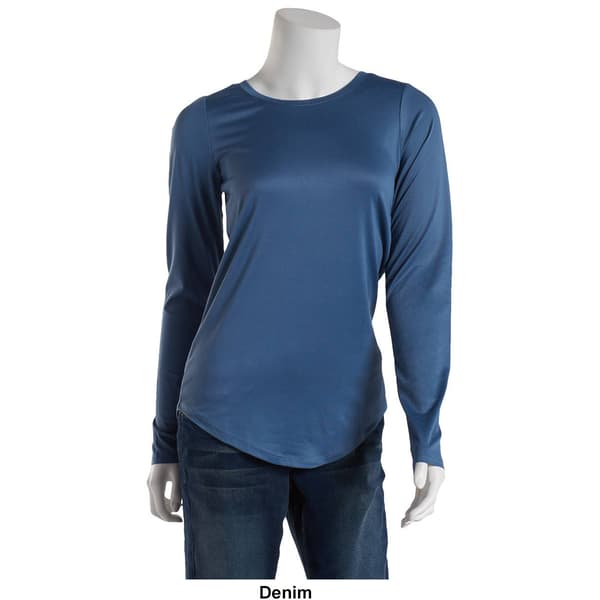 Juniors Poof! Long Sleeve Solid Crew Neck Shirttail Hem Tee